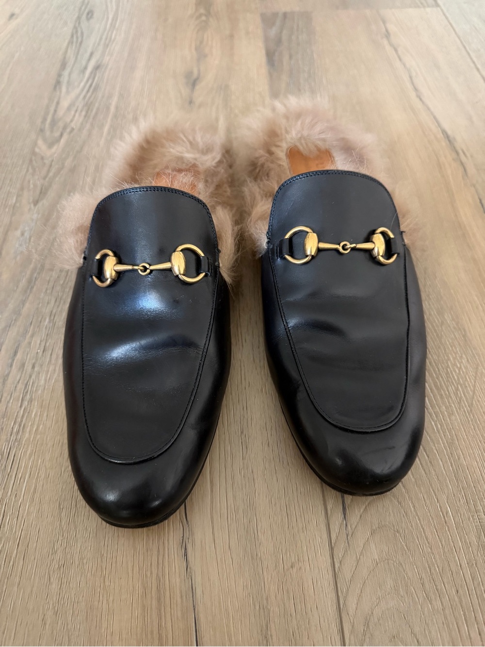 Gucci princetown Black Leather Horsebit Fur Slip-On Loafers mules size 9